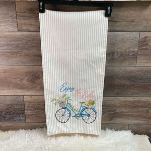 Embroidered Table Runner Blue Beach Bike Spring Basket Flowers Size 70” Length